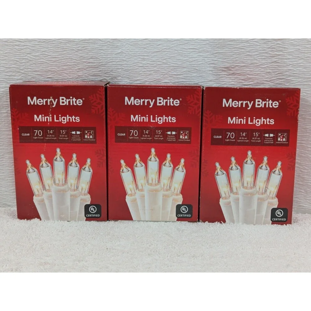 Christmas - Merry Brite - 70 Count - Mini Lights - Clear Bulb/White Wire -3 Pack